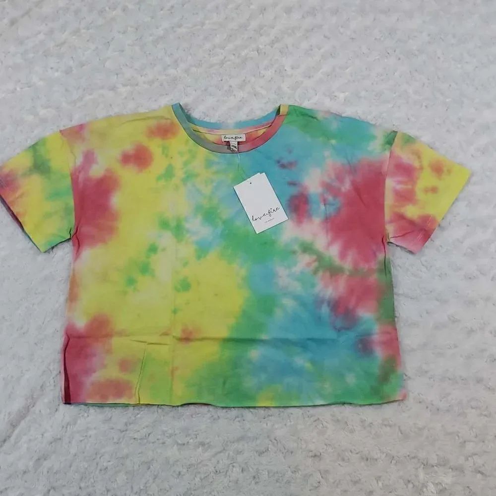 Love, Fire Boho Tie Dye Crop Top Rugged Cropped Round Neck Short Sleeve Comfort